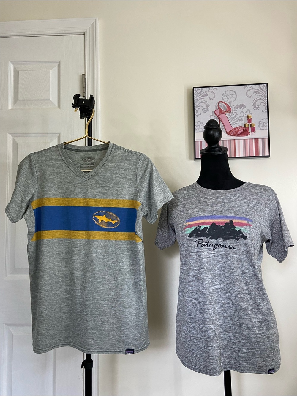 Patagonia  Capilene Gray Heather Tee with Blue and Gold Stripe Cooling Shirt